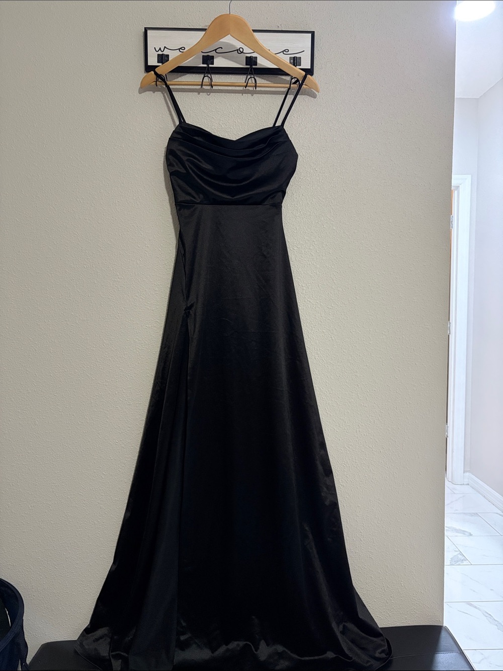 Windsor Black Satin Maxi Dress with Spaghetti Straps